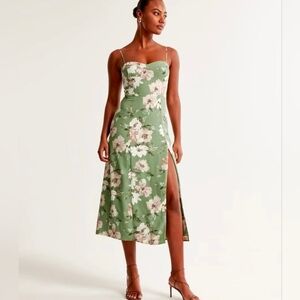 Abercrombie & Fitch Camille Midi Dress XL Sage Green Floral Slit Wedding Guest